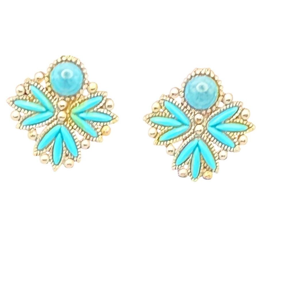 Vintage Turquoise Floral Clip-On Earrings Dainty Feminine Southwestern